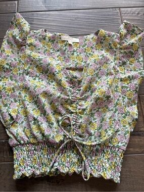 Monteau Floral Ruched Tie-Front Crop Top - Yellow & Pink
